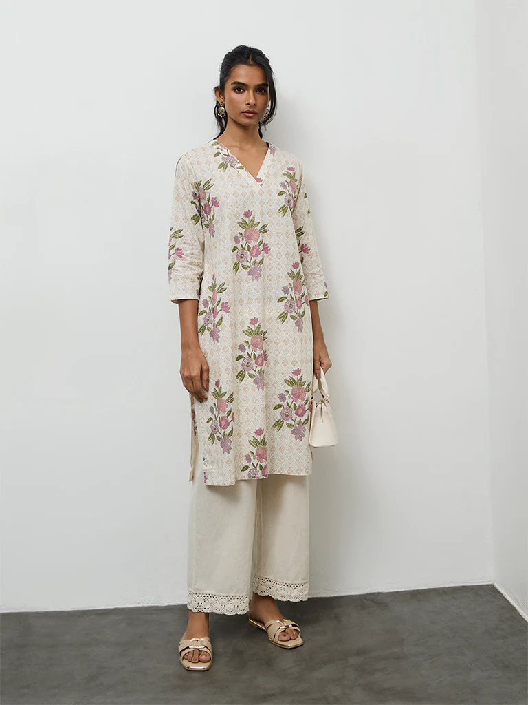 Utsa Beige Floral Design Cotton A-Line Kurta