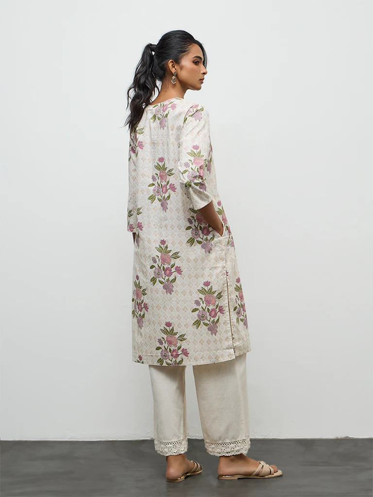 Utsa Beige Floral Design Cotton A-Line Kurta - Image 4
