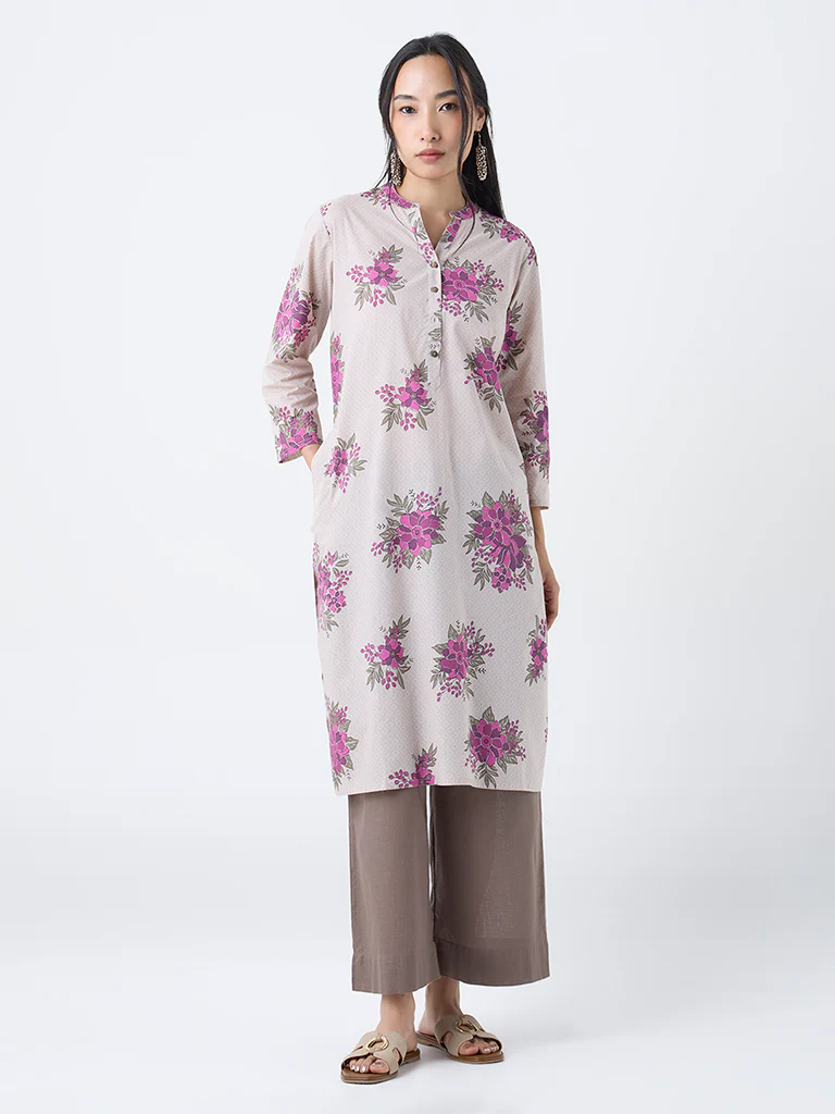 Utsa Beige Floral Design Straight Cotton Kurta