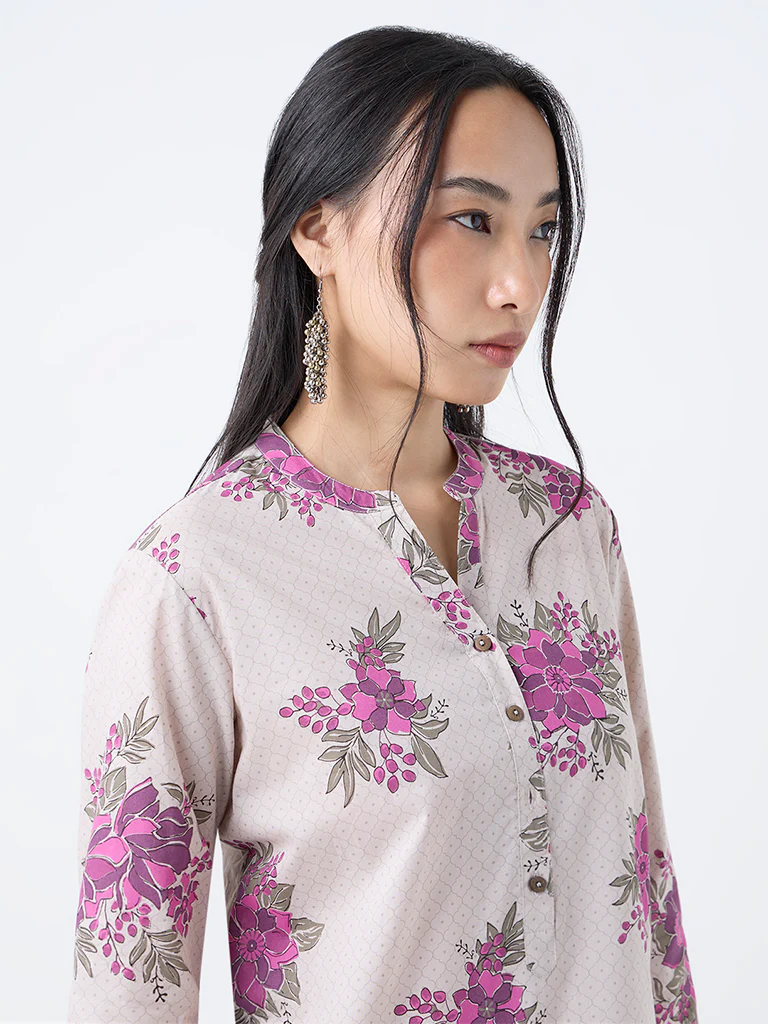 Utsa Beige Floral Design Straight Cotton Kurta - Image 3