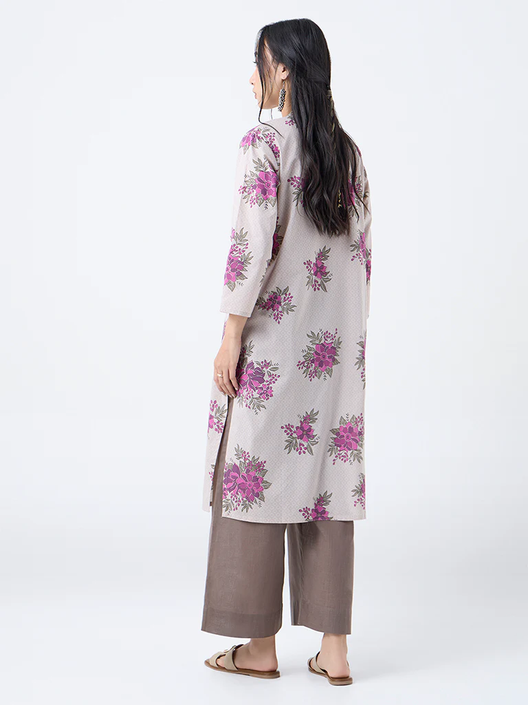 Utsa Beige Floral Design Straight Cotton Kurta - Image 4