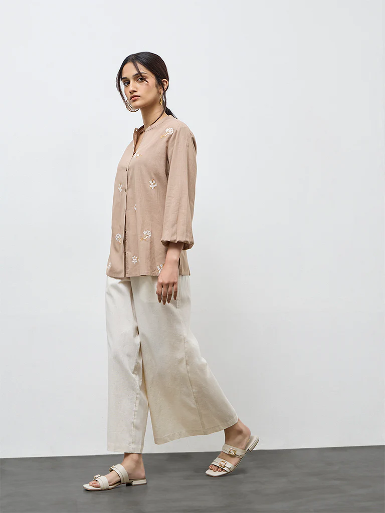 Utsa Beige Floral Embroidered Cotton Tunic - Image 2