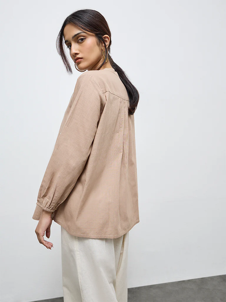 Utsa Beige Floral Embroidered Cotton Tunic - Image 4
