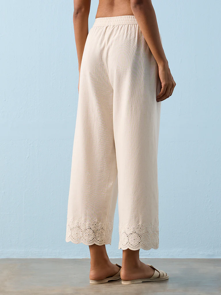 Utsa Beige Floral Embroidered Pants - Image 4
