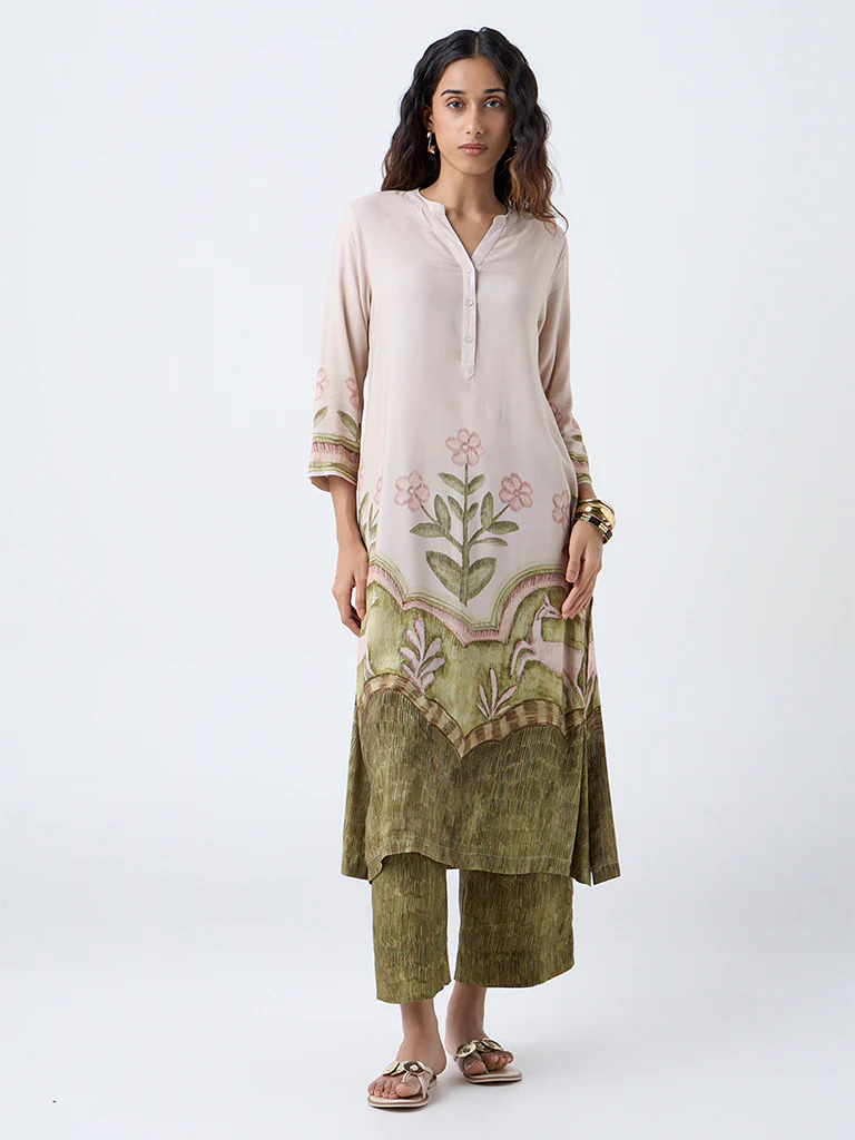 Utsa Beige Floral Pattern A-Line Kurta - Image 2