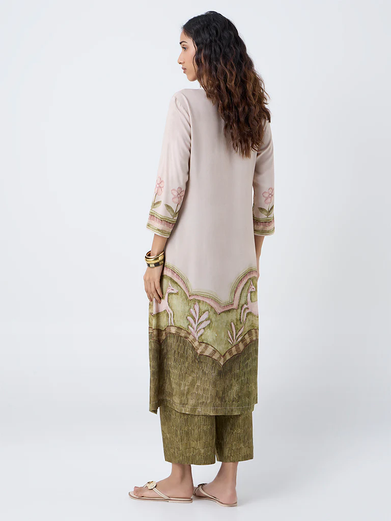 Utsa Beige Floral Pattern A-Line Kurta - Image 4