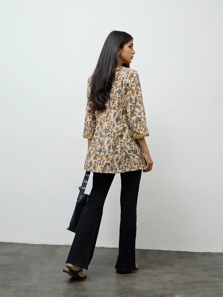 Utsa Beige Floral Printed Cotton Tunic - Image 4