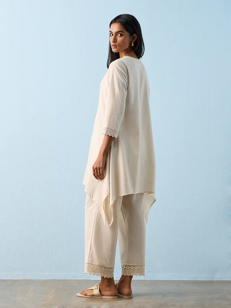 Utsa Beige Geometric Embroidered Cotton-Blend A-Line Kurta - Image 4