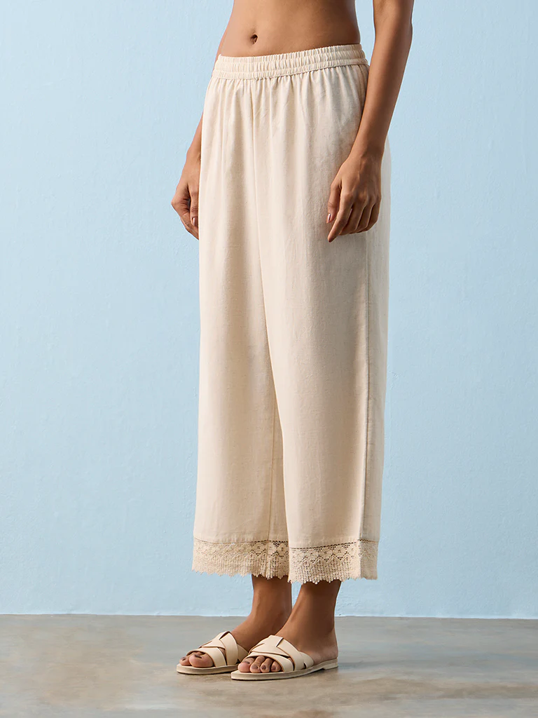 Utsa Beige Lace-Detailed Cotton-Blend Pants