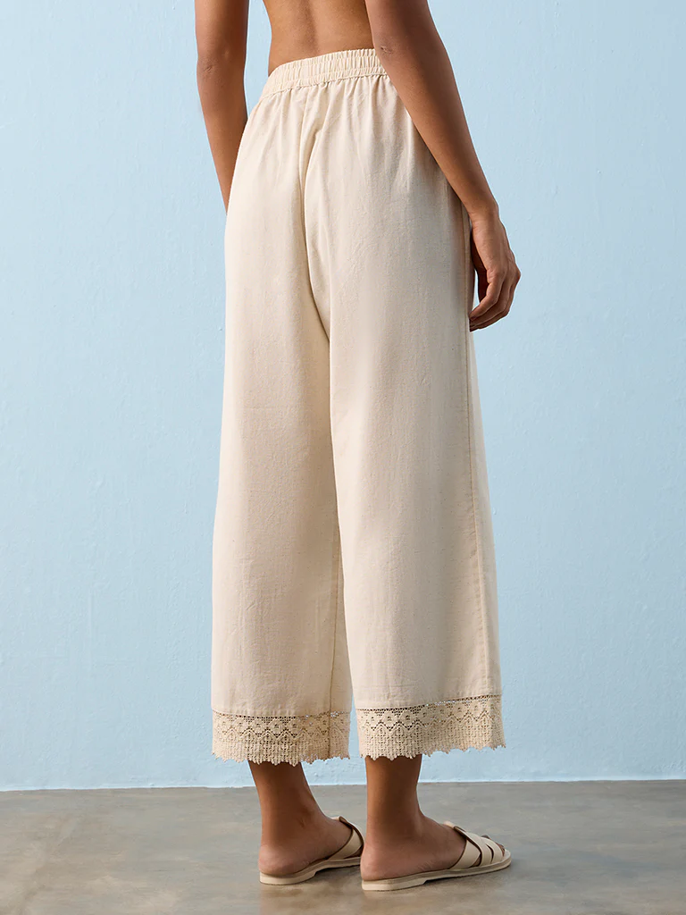 Utsa Beige Lace-Detailed Cotton-Blend Pants - Image 4