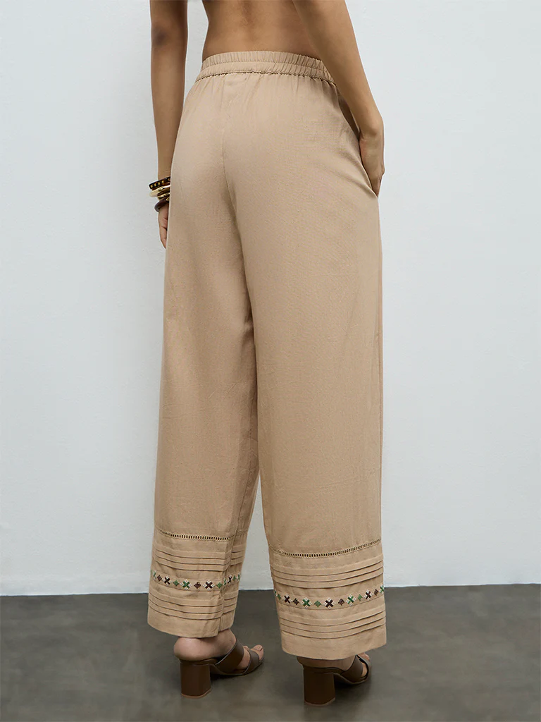 Utsa Beige Pintuck Detailed Cotton-Blend Ethnic Pants - Image 4