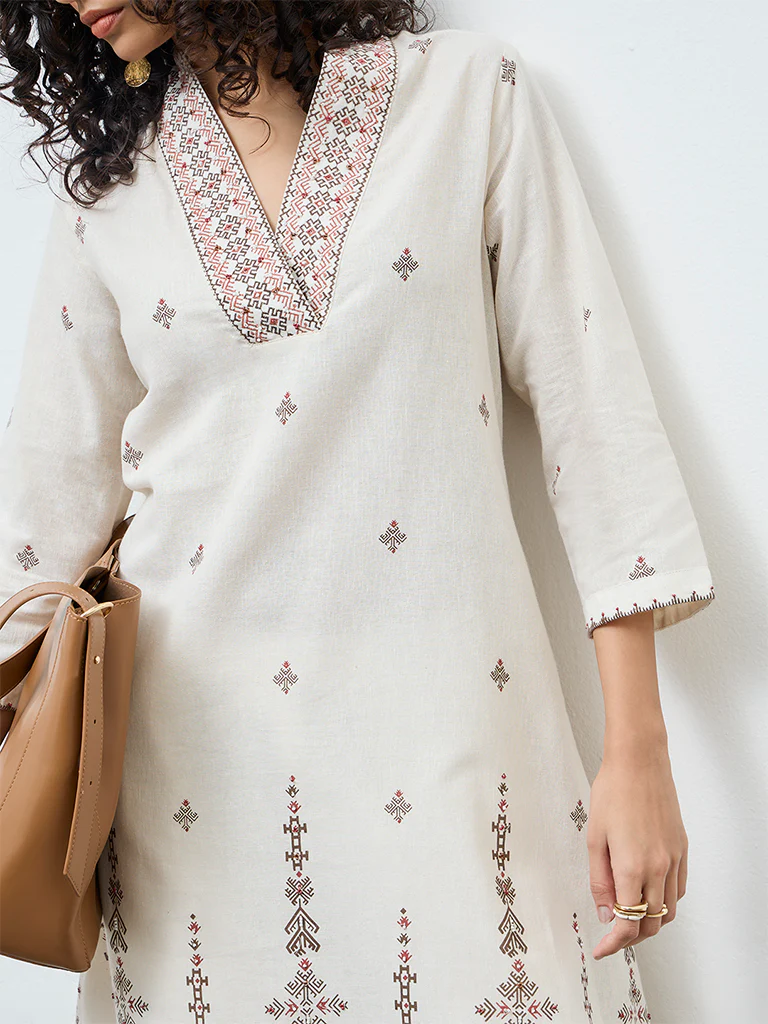 Utsa Beige Printed Cotton-Blend A-Line Kurta - Image 3