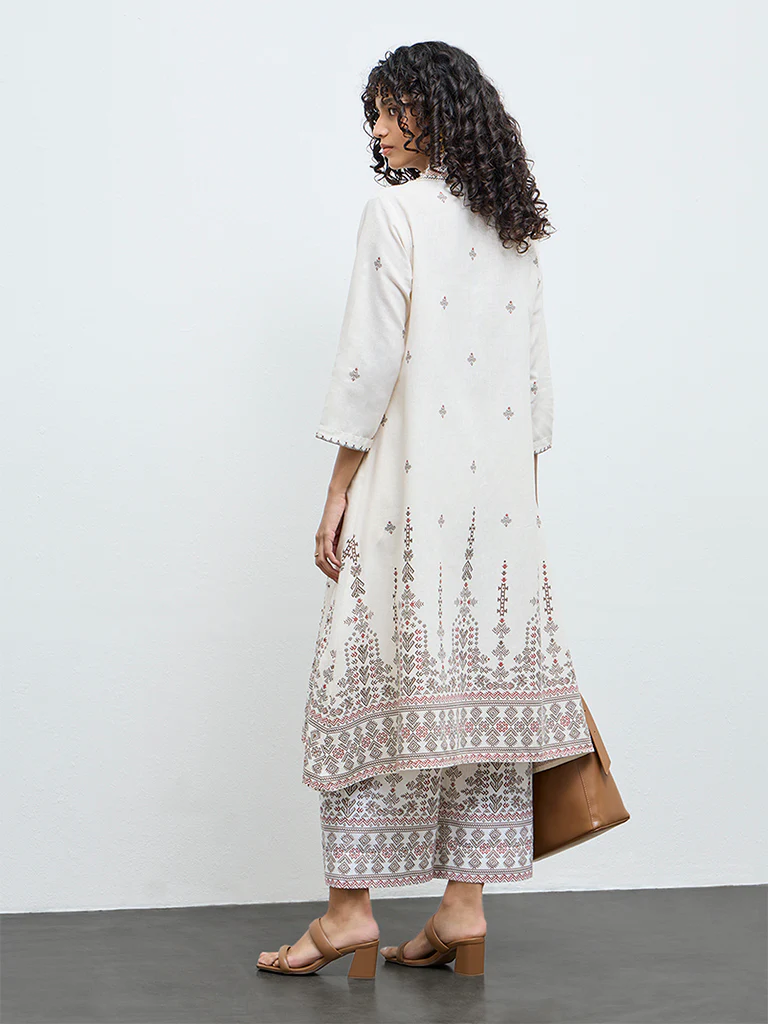 Utsa Beige Printed Cotton-Blend A-Line Kurta - Image 4