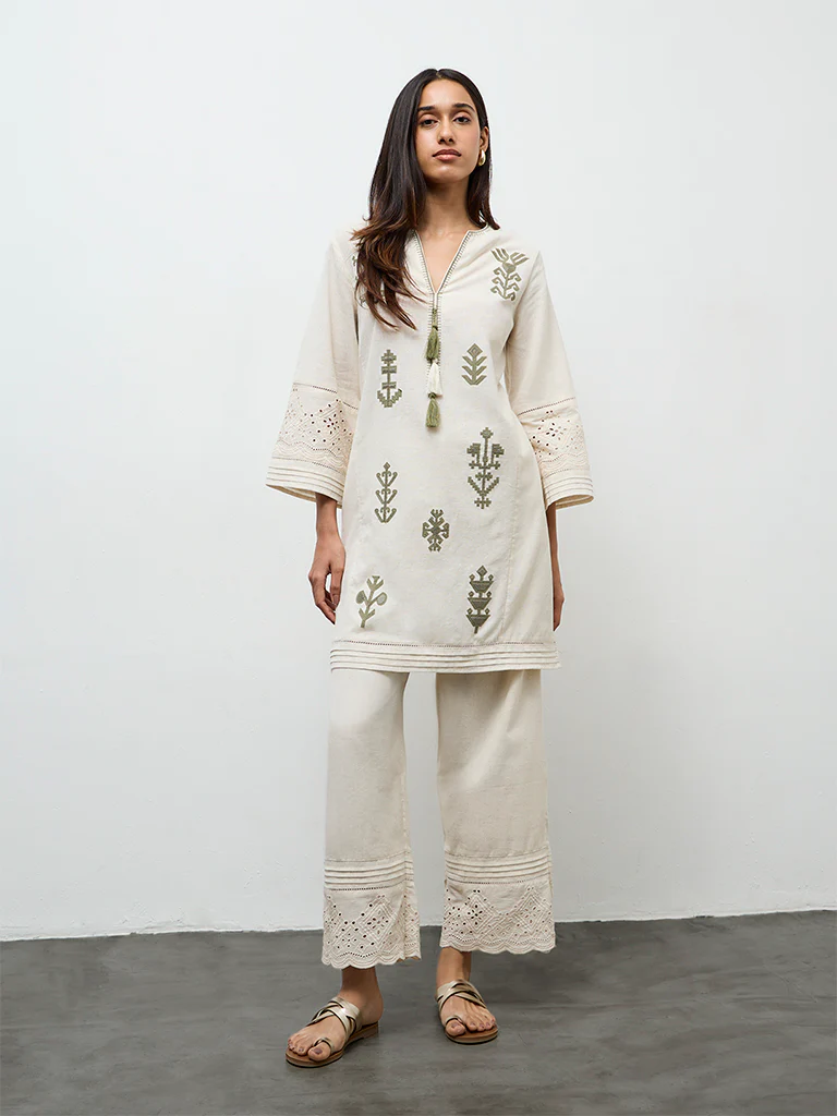 Utsa Beige Schiffli Embroidered Cotton Ethnic Pants - Image 2