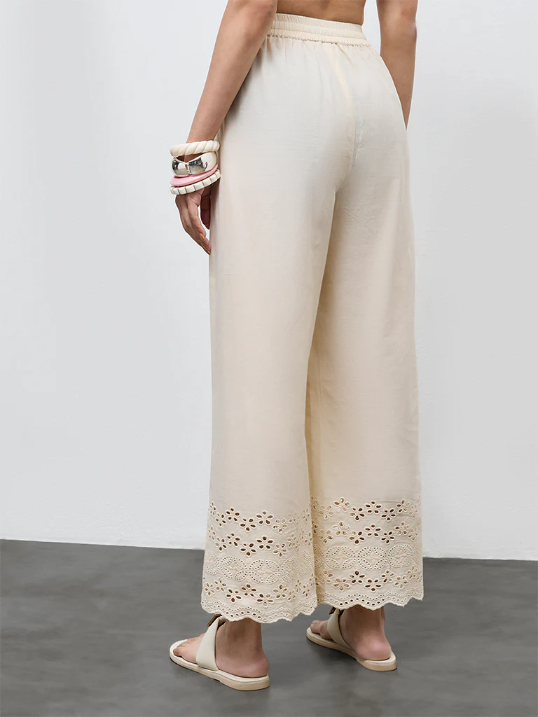 Utsa Beige Schiffli Embroidered Ethnic Cotton Pants - Image 4