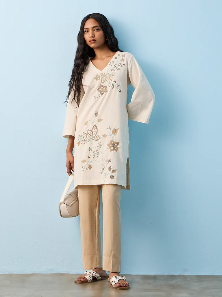 Utsa Beige Solid Cotton-Blend Pants - Image 2