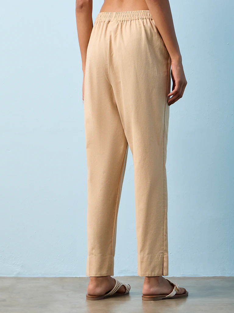 Utsa Beige Solid Cotton-Blend Pants - Image 4