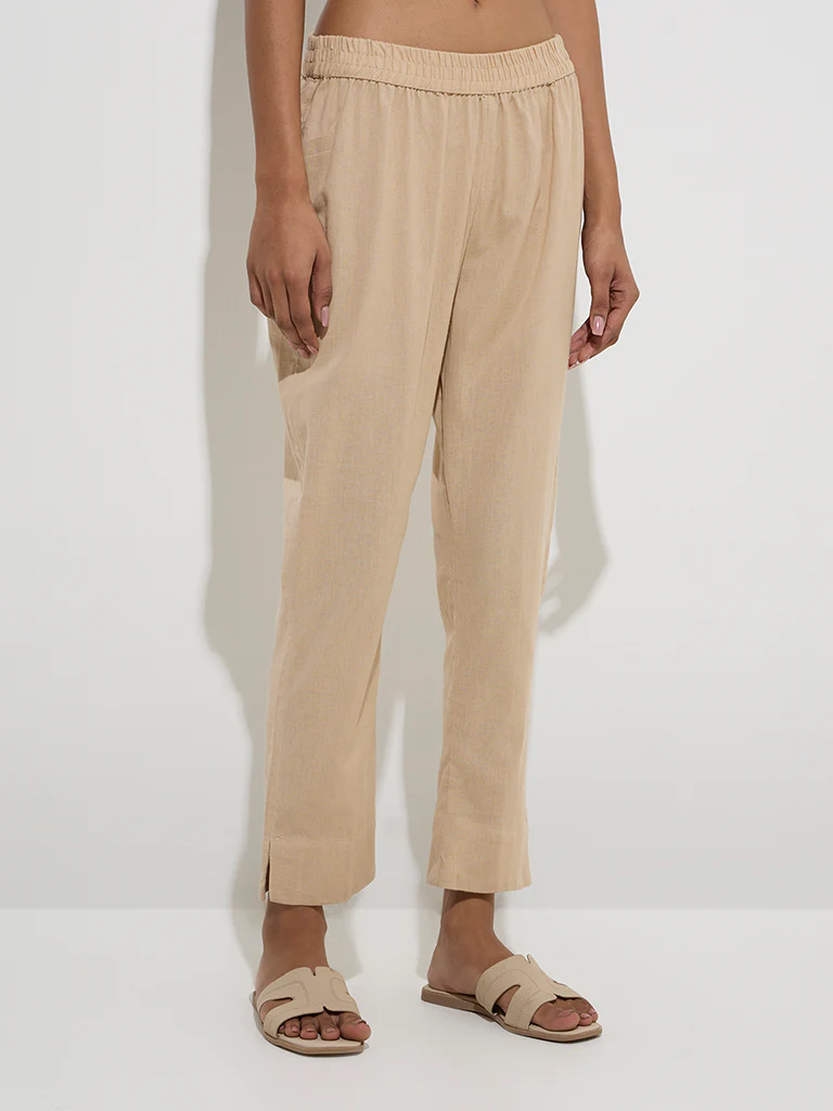 Utsa Beige Solid Cotton Ethnic Pants  - Image 2