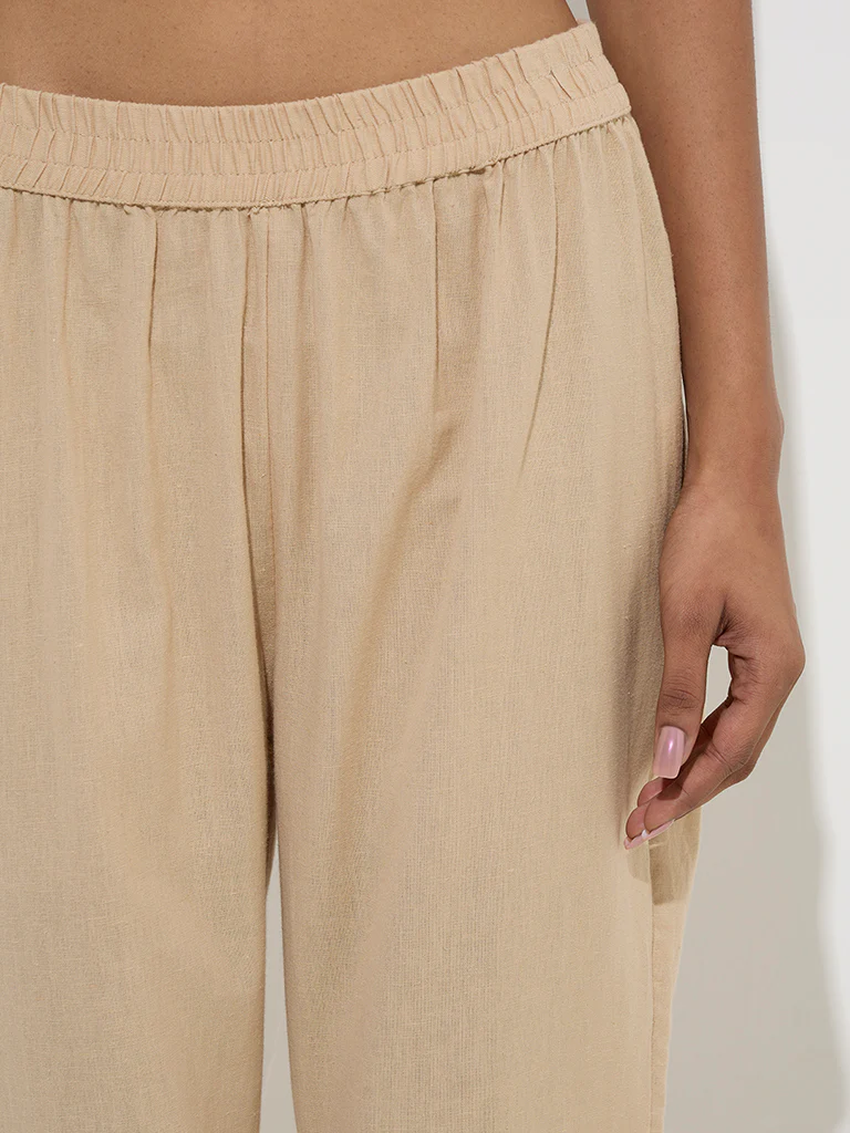 Utsa Beige Solid Cotton Ethnic Pants  - Image 3