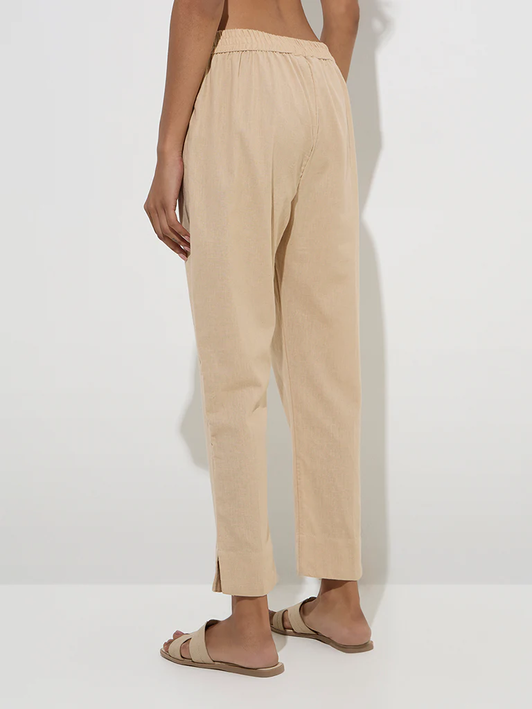 Utsa Beige Solid Cotton Ethnic Pants  - Image 4