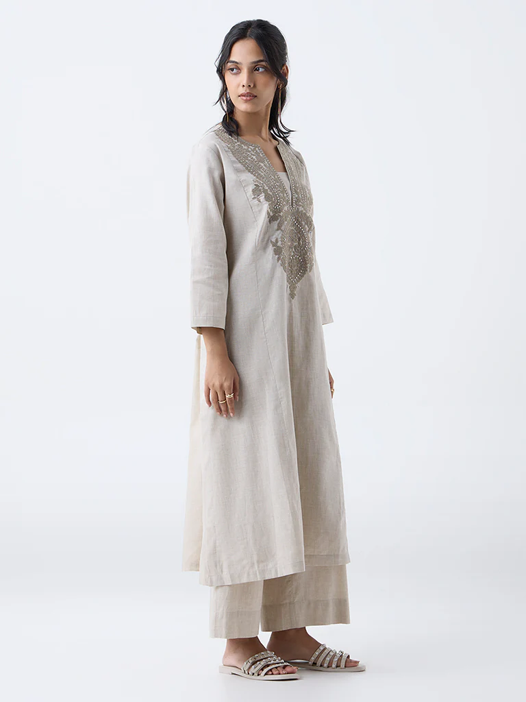 Utsa Beige Solid Cotton Ethnic Pants - Image 2