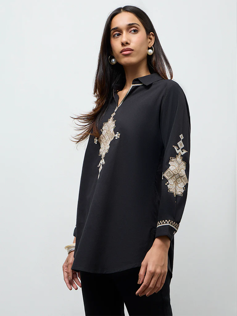 Utsa Black Aztec Embroidered Cotton Tunic - Image 2