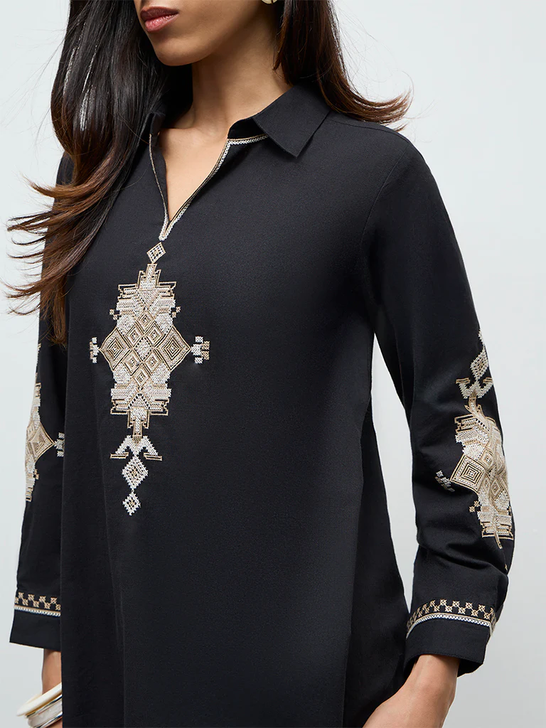 Utsa Black Aztec Embroidered Cotton Tunic - Image 3