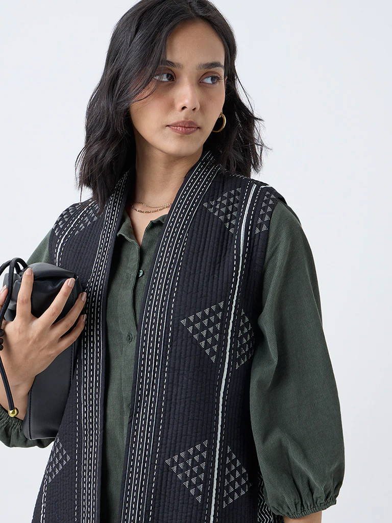 Utsa Black Aztec Printed Cotton Quilted Jacket - Image 3
