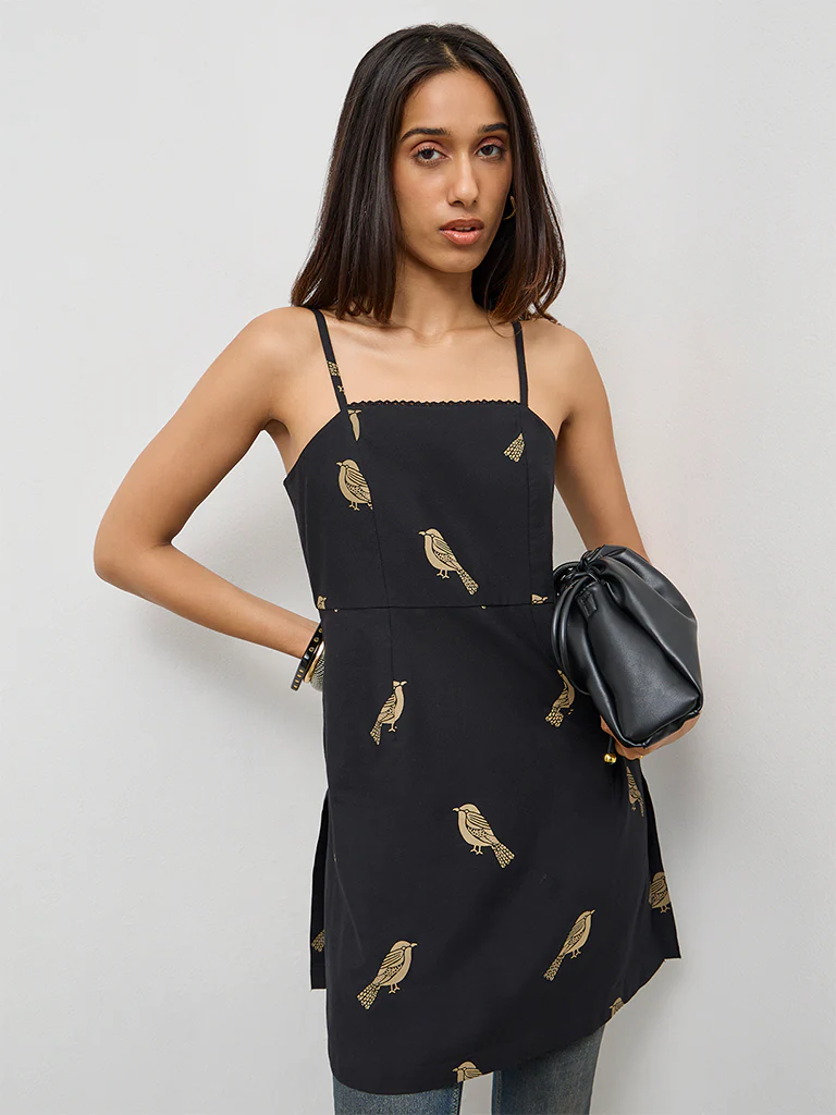 Utsa Black Bird Pattern Cotton-Blend Kurti