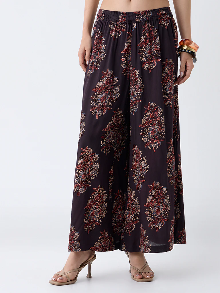 Utsa Black Boota Foliage Pattern Palazzos
