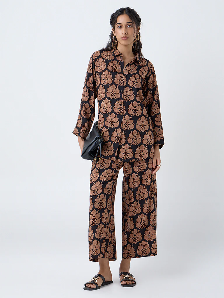 Utsa Black Botanical Printed Palazzos - Image 2