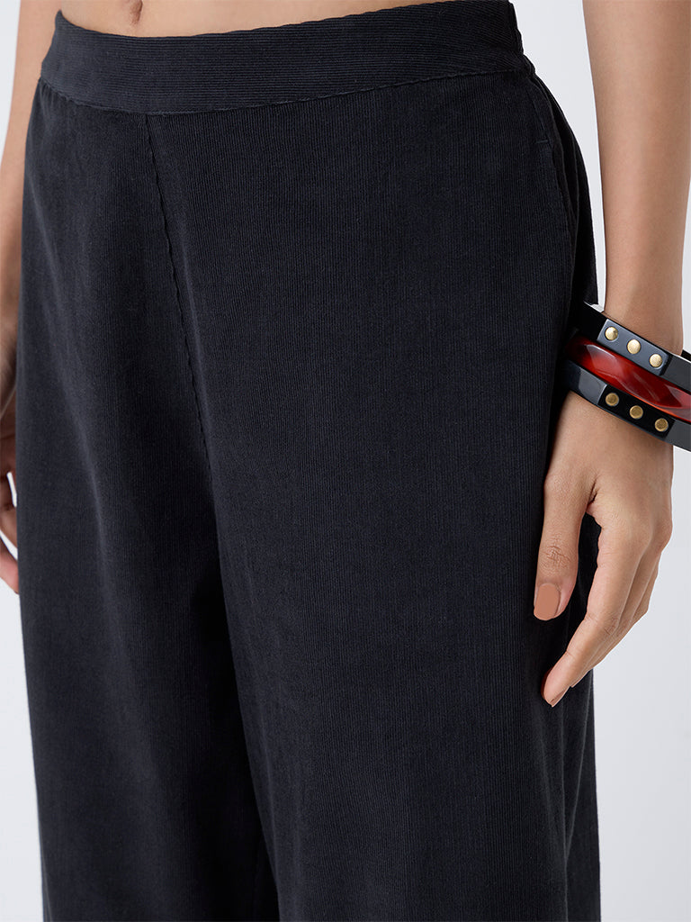 Utsa Black Corduroy Cotton Palazzos - Image 3
