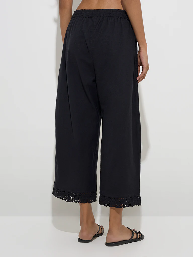 Utsa Black Crochet-Detailed Cotton Ethnic Pants  - Image 4