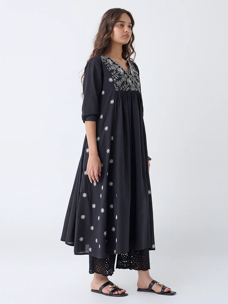 Utsa Black Embroidered Anarkali Cotton Kurta