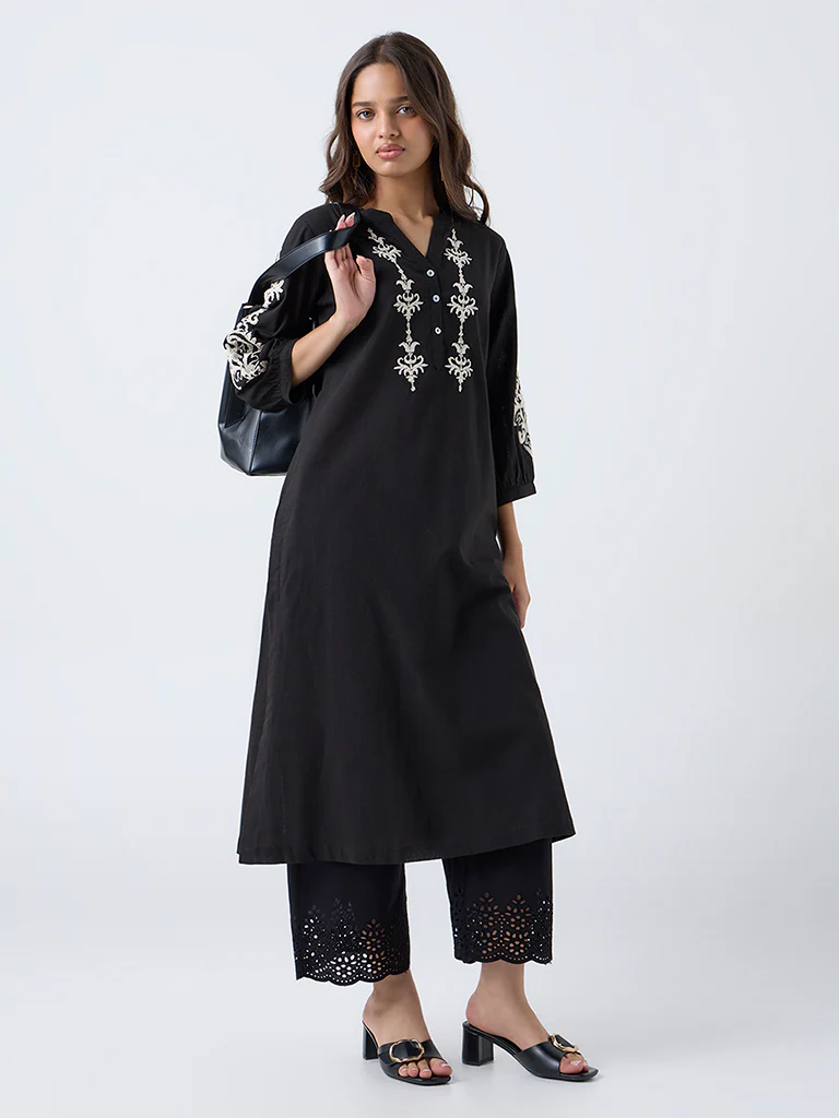 Utsa Black Embroidered Cotton A-Line Kurta - Image 2