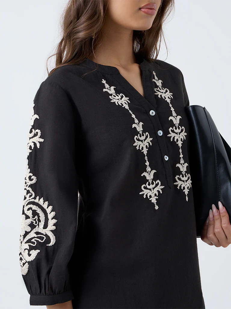 Utsa Black Embroidered Cotton A-Line Kurta - Image 3