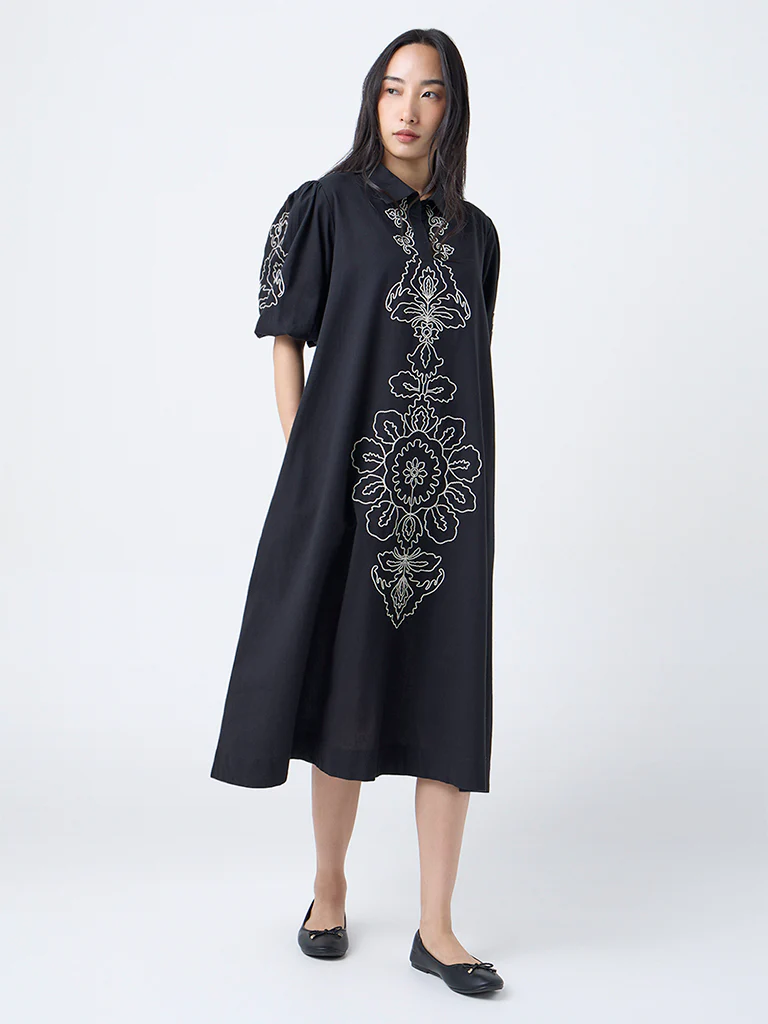 Utsa Black Embroidered Cotton-Blend A-Line Dress