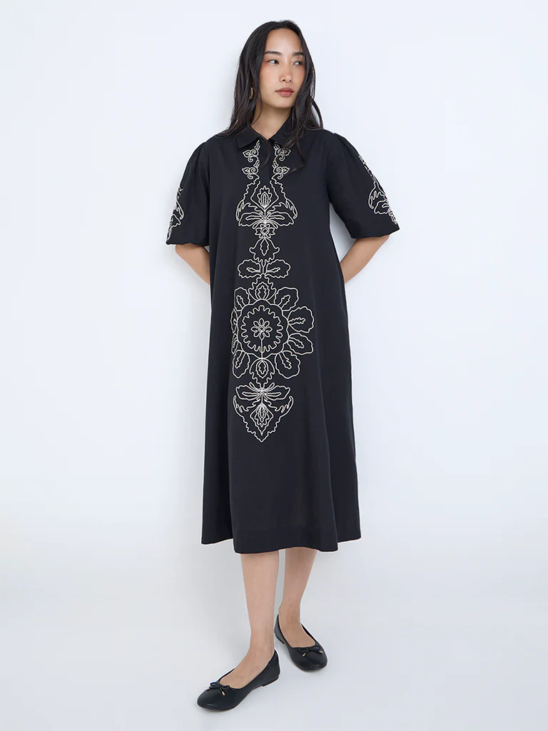 Utsa Black Embroidered Cotton-Blend A-Line Dress - Image 2