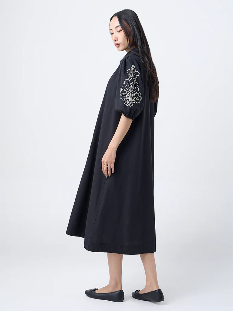 Utsa Black Embroidered Cotton-Blend A-Line Dress - Image 4