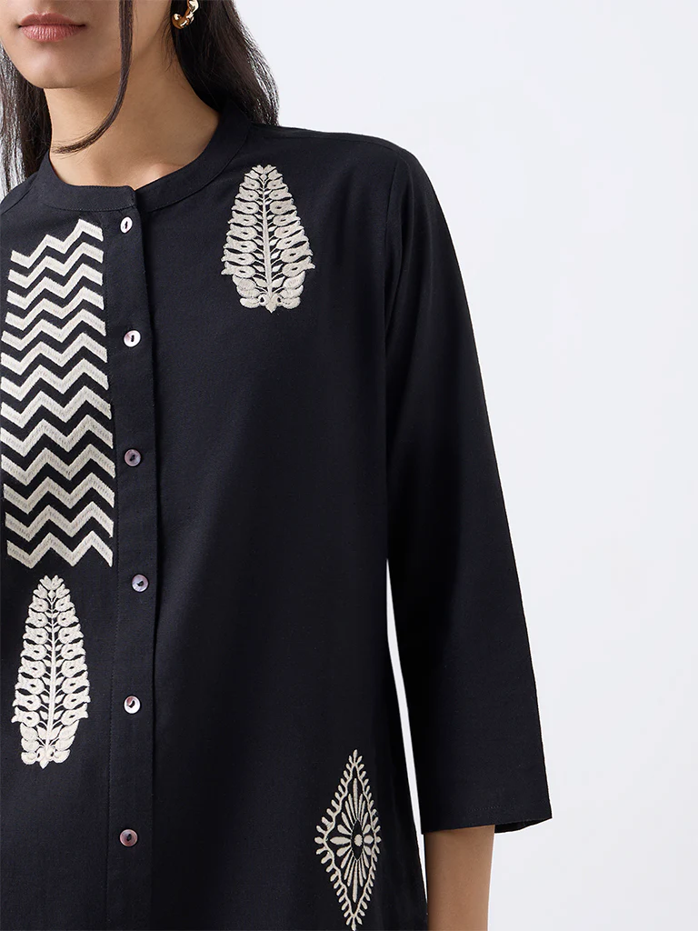 Utsa Black Embroidered Cotton-Blend A-Line Kurta - Image 3