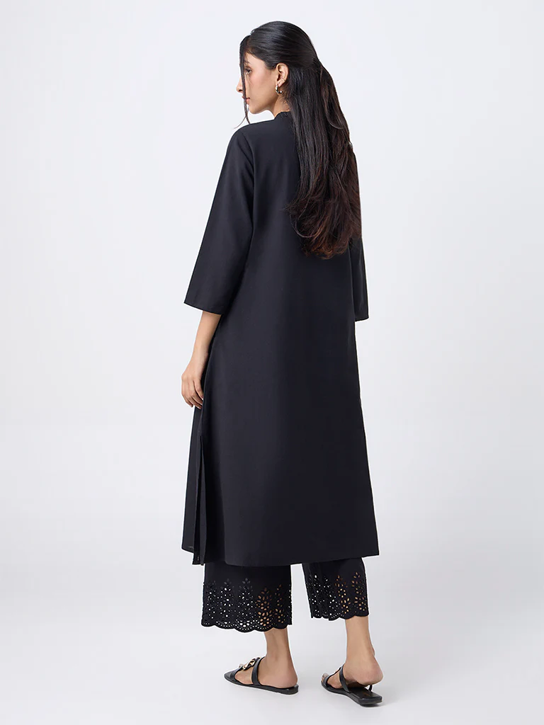 Utsa Black Embroidered Cotton-Blend A-Line Kurta - Image 4