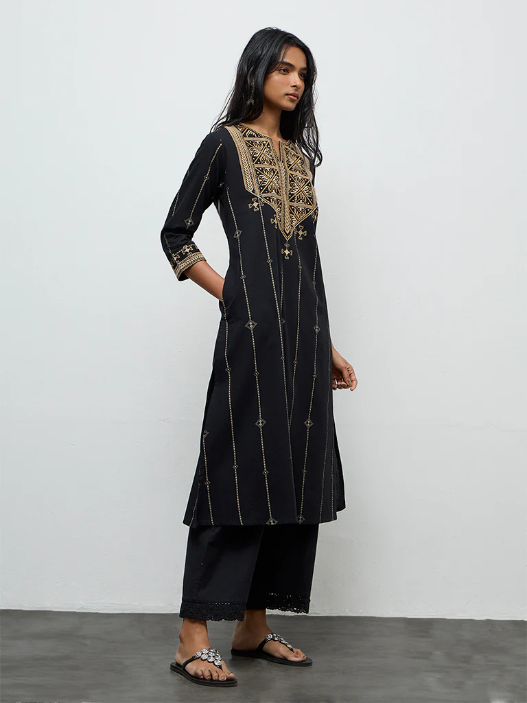 Utsa Black Embroidered Cotton-Blend A-Line Kurta