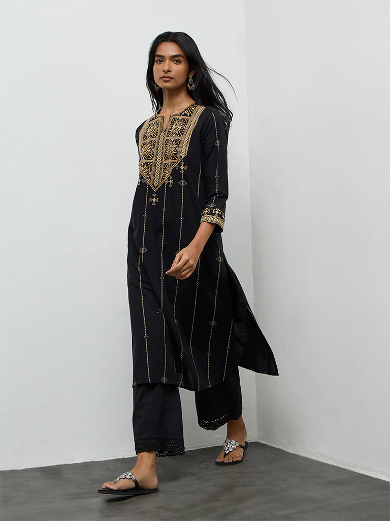 Utsa Black Embroidered Cotton-Blend A-Line Kurta - Image 2