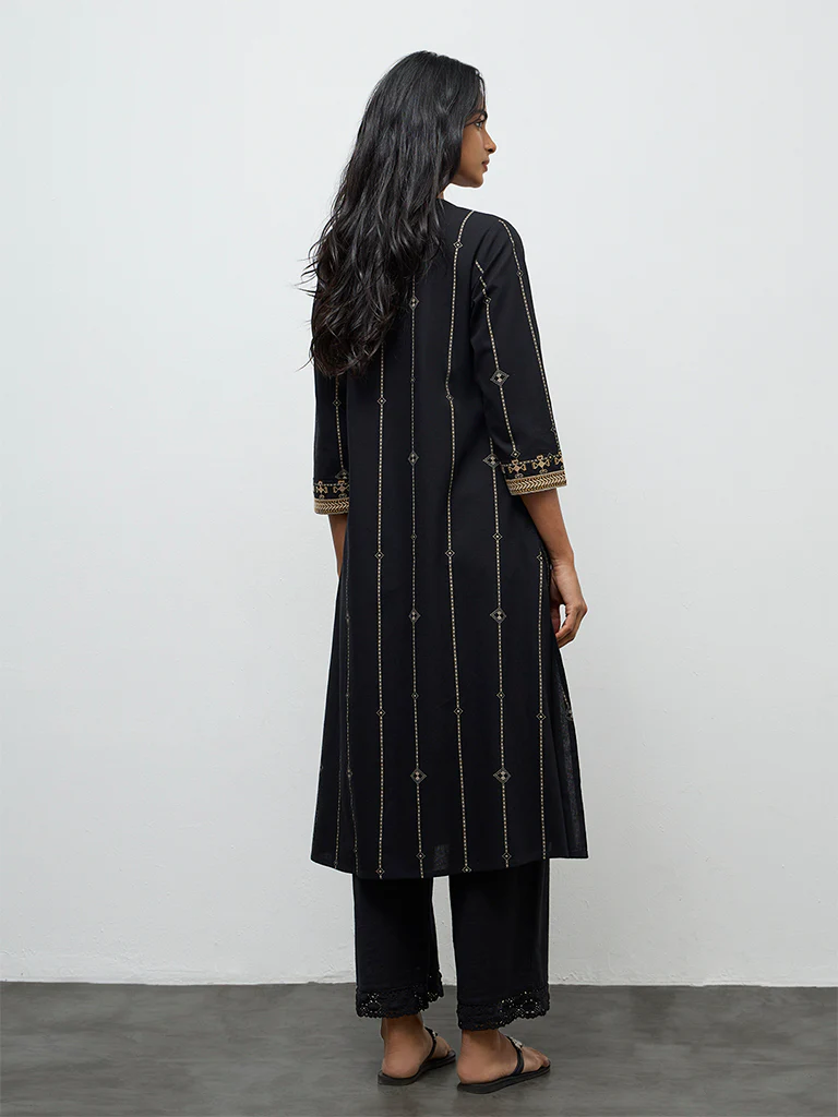Utsa Black Embroidered Cotton-Blend A-Line Kurta - Image 4