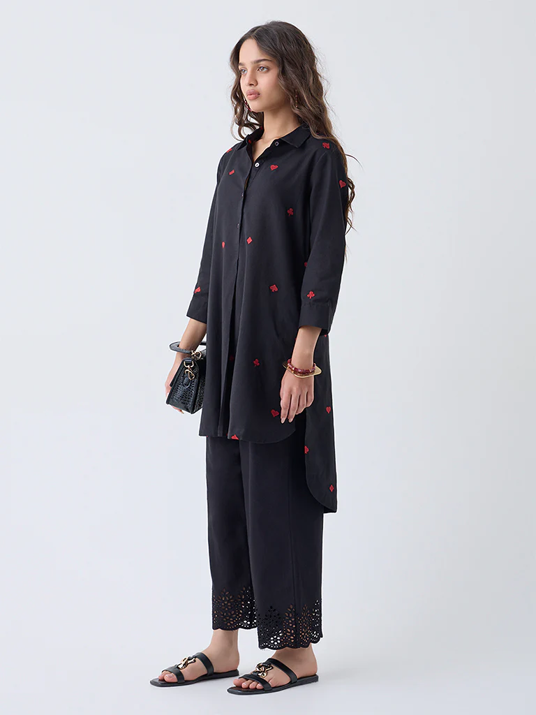 Utsa Black Embroidered Cotton-Blend High-Low Kurta