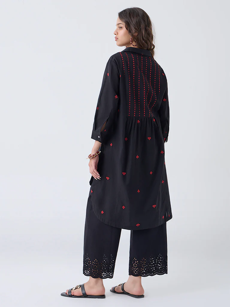 Utsa Black Embroidered Cotton-Blend High-Low Kurta - Image 4