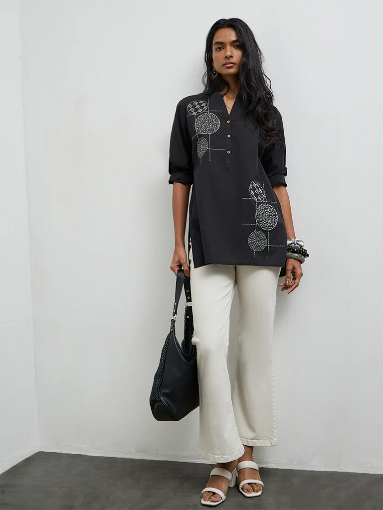 Utsa Black Embroidered Cotton-Blend Kurti - Image 2