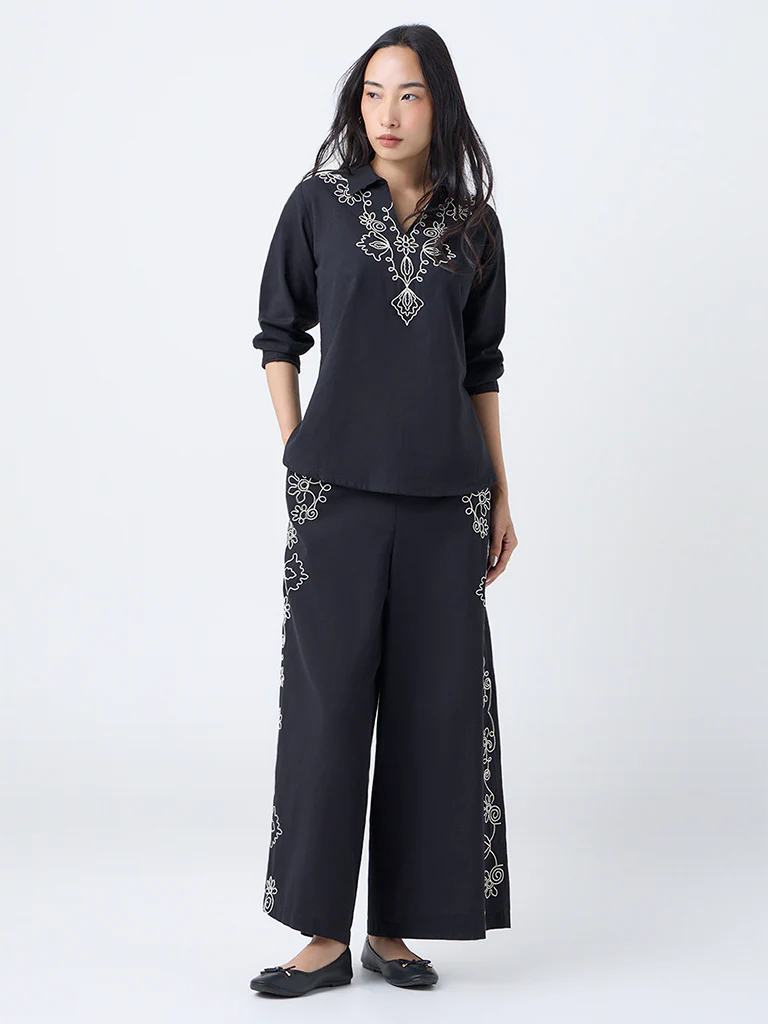 Utsa Black Embroidered Cotton-Blend Tunic - Image 2