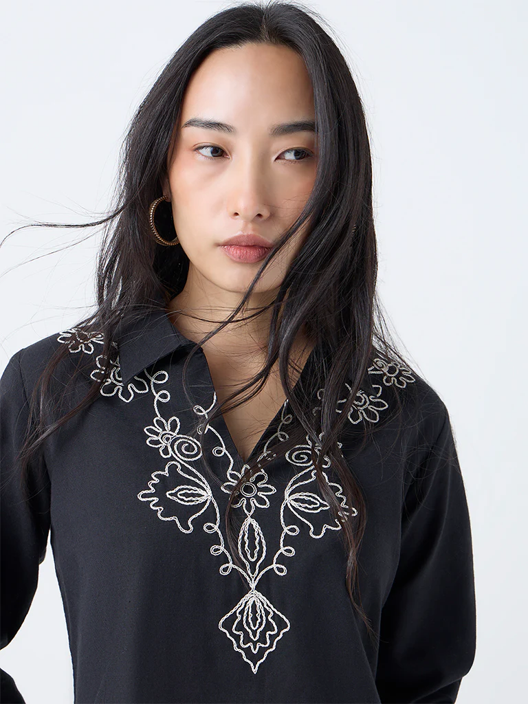 Utsa Black Embroidered Cotton-Blend Tunic - Image 3