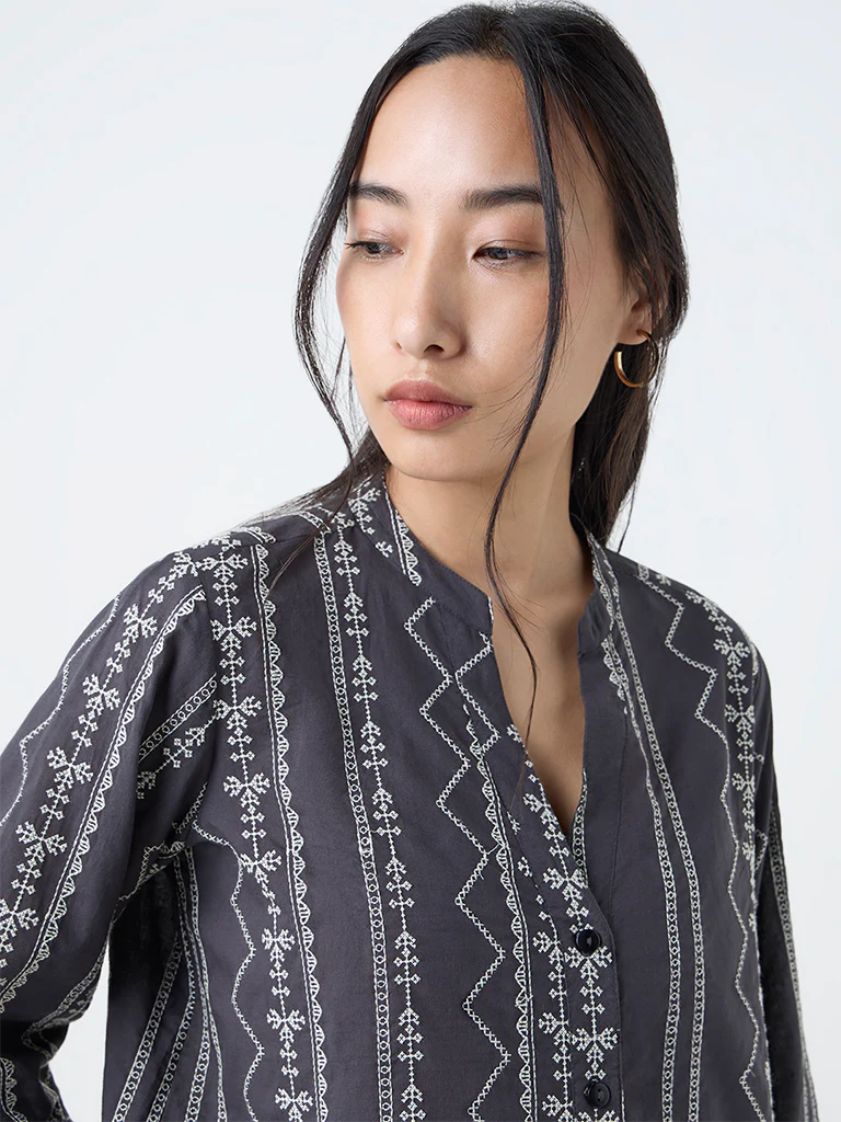 Utsa Black Embroidered Cotton Tunic - Image 3